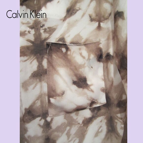 Calvin Klein NEW Abstract Chiffon Semi-Sheer Ruffle Roll-Up Sleeve Blouse L - Picture 4 of 11